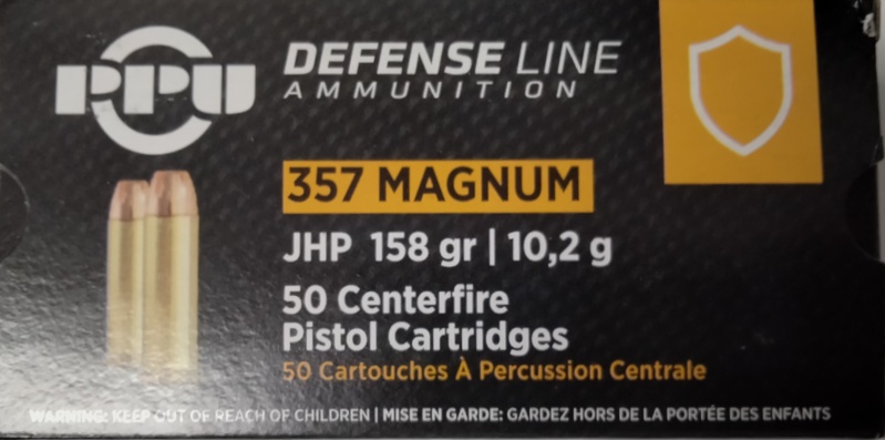 357 Mag PPU 158 gr. JHP 50 rnds Defense Line Brass M-ID: PPD357 UPC: 8605003817765