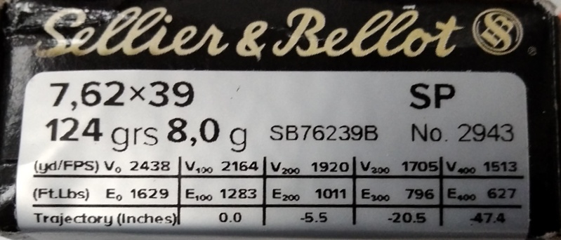 7.62x39 Sellier & Bellot 123 gr. SP 20 rnds 2437 fps Brass M-ID: SB76239B UPC: 754908510511