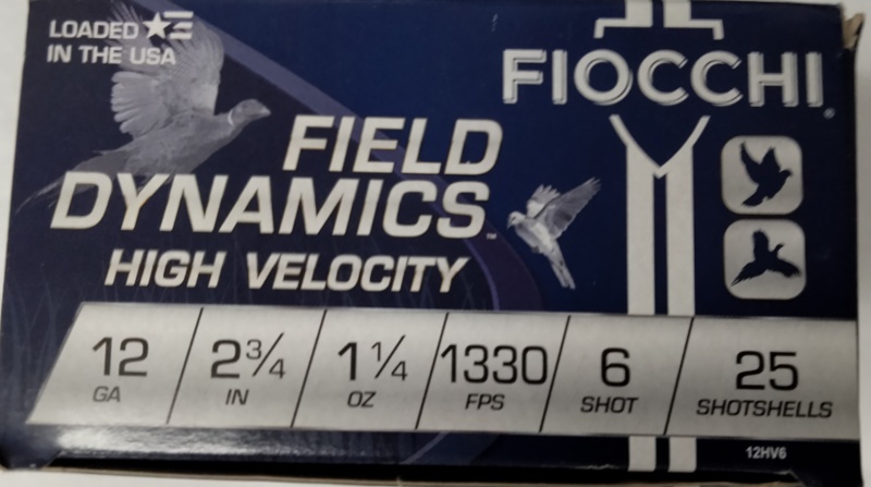 12 Gauge Fiocchi High Velocity 2.75 in. 1 1/4 oz. 6 shot 25 rnds Hunting Loads 1330 fps M-ID: 12HV6 UPC: 762344700274