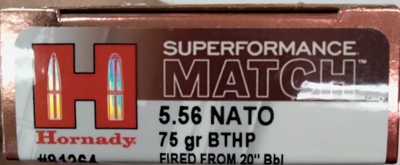 5.56 Hornady Superformance Match 75 gr. 3 in. 1 3/4 oz. BTHP 20 rnds 2910 fps Brass M-ID: 81264 UPC: 090255812640