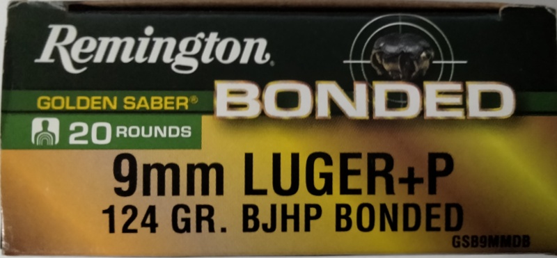9mm Luger Remington Golden Saber +P 124 gr. BJHP Bonded 20 rnds Brass M-ID: 29341 UPC: 047700494500