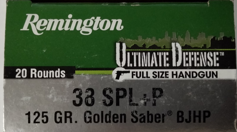 38 Special Remington Ultimate Defense +P 125 gr. Golden Saber BJHP 20 rnds Brass M-ID: 28938 UPC: 047700420103