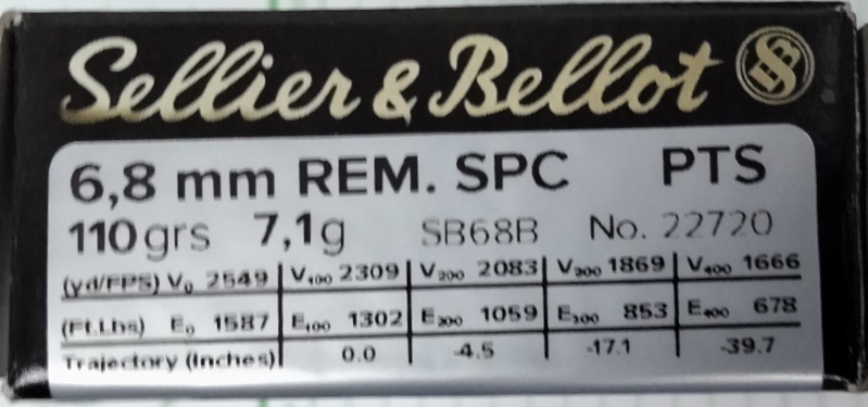 6.8 Rem SPC Sellier & Bellot 110 gr. PTS 20 rnds 2549 fps Brass M-ID: SB68B UPC: 754908510986