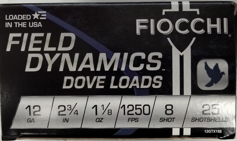12 Gauge Fiocchi Field Dynamics 2.75 in. 1 1/8 oz. 8 shot 25 rnds Dove Load 1250 fps M-ID: 12GTX188 UPC: 762344708027