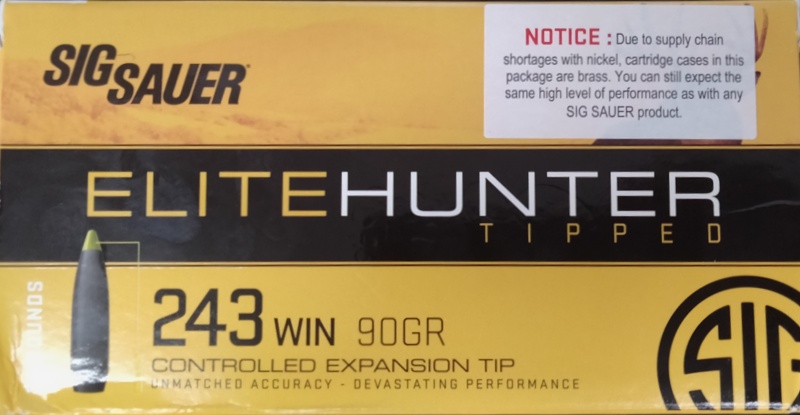 243 Win Sig Sauer Elite Hunter 90 gr. Controller Expansion Tip 200 rnds 3115 fps (10 boxes) Brass M-ID: E243TH2-20 UPC: 798681620593