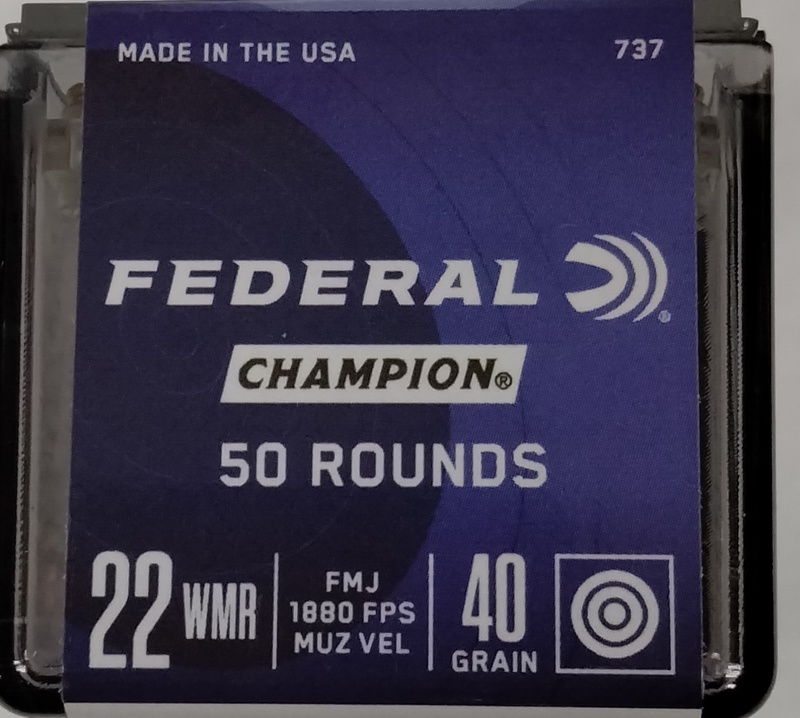 22 Mag Federal Champion 40 gr. FMJ Full Metal Jacket 50 rnds 1880 fps Brass M-ID: 737 UPC: 029465056032