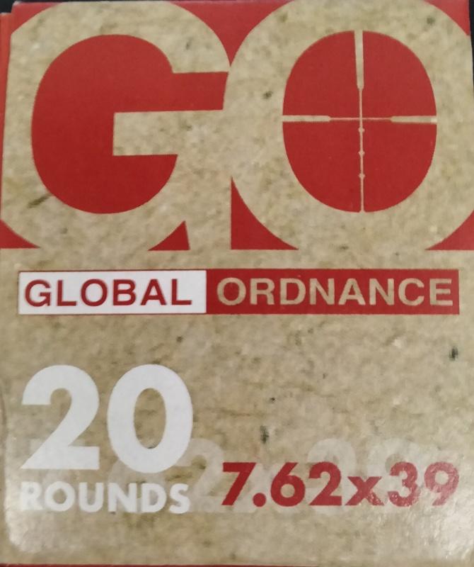 7.62x39 Global Ordnance 122 gr. FMJ/LC 1000 rnds (50 boxes) Steel UPC: 850003223230