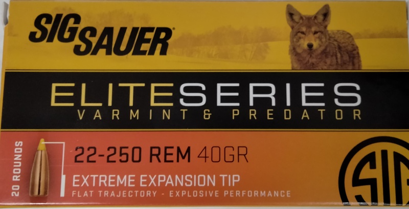 22-250 Rem Sig Sauer Elite 40 gr. Extreme Expansion tip 20 rnds 3975 fps Brass M-ID: E225V120 UPC: 798681568161