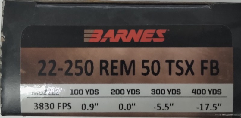 22-250 Rem Barnes Vor-TX 50 gr. TSXFB (TSX Flat Base) 200 rnds (10 boxes) 3830 fps Brass M-ID: BB2225XFB1 UPC: 716876022458
