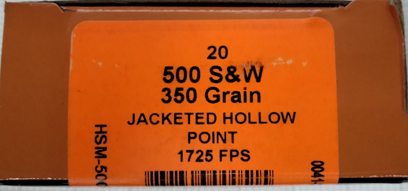 500 S&W HSM 350 gr. JHP Jacketed Hollow Point 20 rnds 1725 fps Brass M-ID: 500SW1N UPC: 837306000515