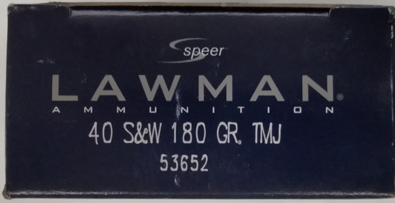 40 S&W Speer Lawman 180 gr. TMJ Total Metal Jacket 1000 rnds 1000 fps (20 boxes) Brass M-ID: 53652 UPC: 076683536525