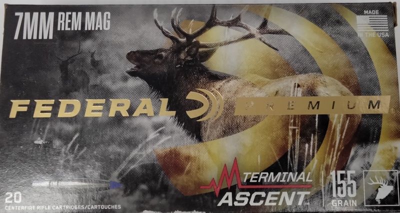 7mm Rem Mag Federal Premium 155 gr. Terminal Ascent 20 rnds 3000 fps Brass M-ID: P7RTA1 UPC: 604544659467