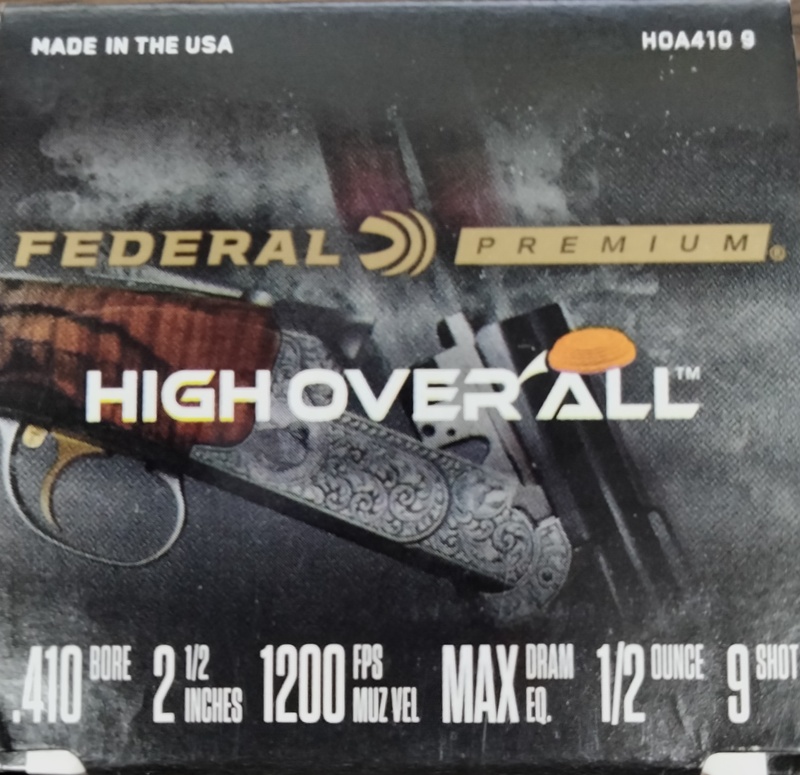 410 Federal Premium High Overall 2.5 in. 1/2 oz. 9 shot 25 rnds 1200 fps M-ID: HOA4109 UPC: 604544684018