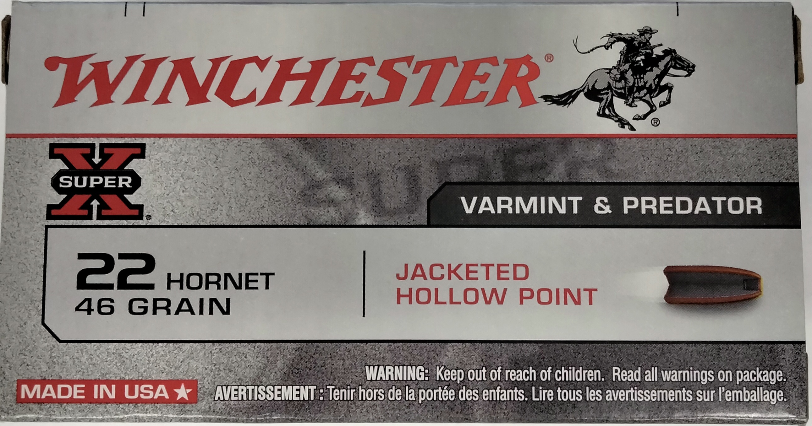 22 Hornet Winchester Super-X 46 gr. Jacketed Hollow Point JHP 50 rnds 2690 fps Brass M-ID: X22H2 UPC: 020892200517