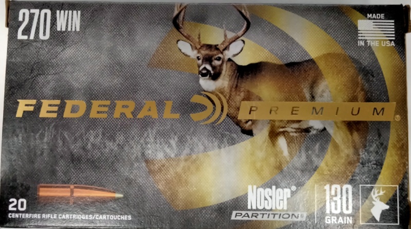 270 Win Federal Premium 130 gr. Nosler Partition NP 20 rnds 3060 fps Brass M-ID: P270P UPC: 029465097738
