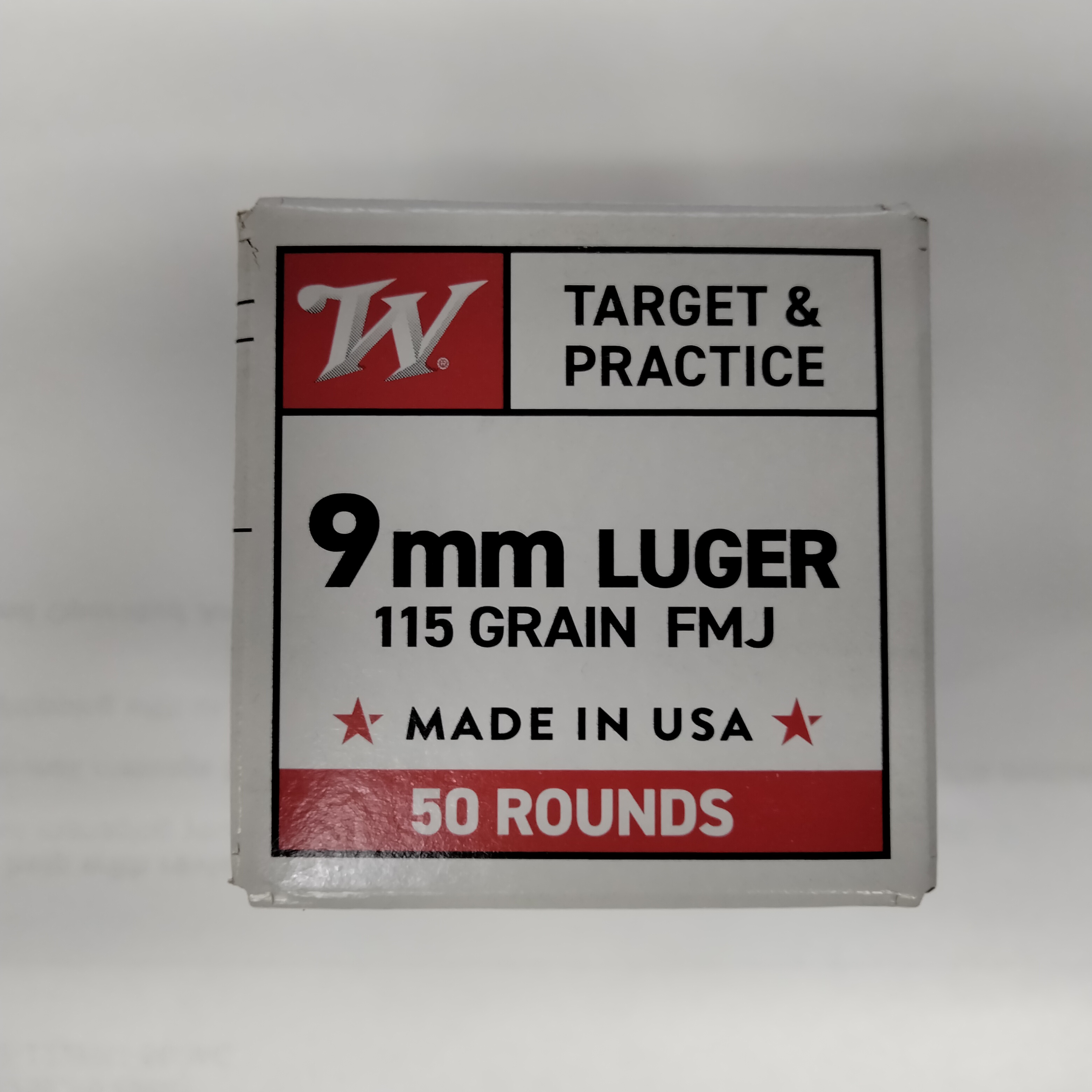 9mm Luger Winchester Target & Practice 115 gr. FMJ Full Metal Jacket 50 rnds 1190 fps Brass M-ID: W9MM50 UPC: 020892232594